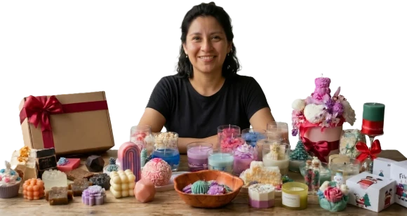 Emprendedora sonriente frente a una mesa con velas y jabones artesanales
